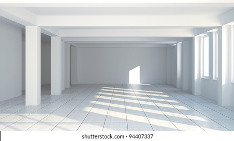 Empty wide room with columns. 3d