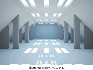 empty wide room with columns and narrow openings, abstract interior - 3d illustration