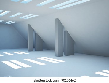 empty wide room with columns and narrow openings, abstract interior - 3d illustration