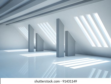 empty wide room with columns and narrow openings, abstract interior - 3d illustration