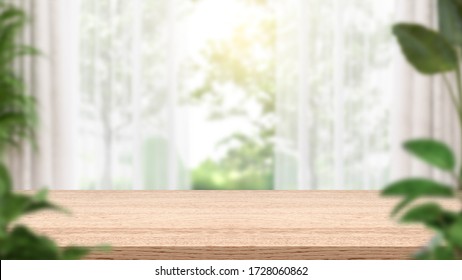 Empty Wood Table And Blur Background , Consisting Of Curtains And Plants. 3D Illustration