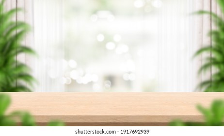 Empty wood table and blur background. Consisting of curtains and plants. Concept for product presentation display. 3D illustration