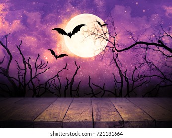 Empty Wood Table Top With Halloween Background.