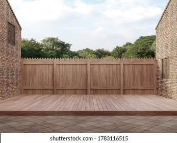 An empty wood terrace between old bricks building with back wooden fence Looking out to see the natural scenery,3d render