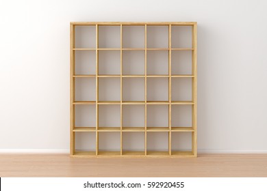 Empty Wooden Book Rack Isolated In Interior. 3d Render