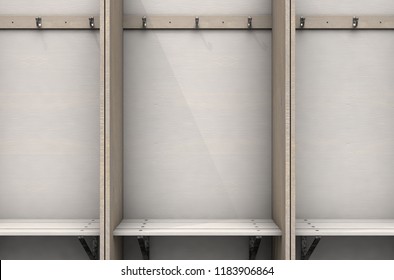 Empty Wooden Cubicles With A Bench And Hangers In A Rundown Sports Locker Change Room - 3D Render