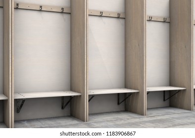 Empty Wooden Cubicles With A Bench And Hangers In A Rundown Sports Locker Change Room - 3D Render