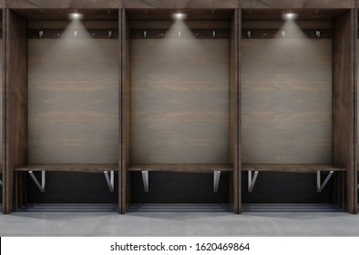 Empty Wooden Cubicles With A Bench And Hangers In A Sports Locker Change Room - 3D Render