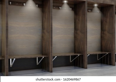 Empty Wooden Cubicles With A Bench And Hangers In A Sports Locker Change Room - 3D Render