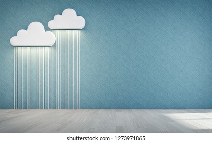 Empty Wooden Floor Of Kids Room With White Cloud And Rain Icon On Rough Blue Fabric Texture Wall Background. Modern Design Interior 3d Illustration.