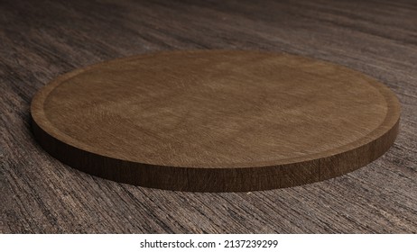 Empty Wooden Food Plate On A Table - Side View. Template Design. Digital 3d Illustration (rendering)