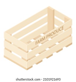 Empty Wooden Market Box, Crate Isolated On White, Isometric View. Farm Produce. Raster