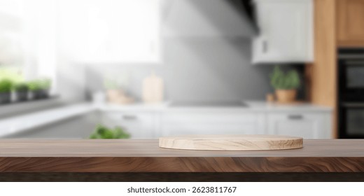 Placa de madera vacía en la mesa de madera. Fondo borroso suave, de espacio libre para su copia y marca. Uso como montaje de la exhibición de los productos.