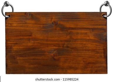 Empty Wooden Signboard with clipping path / Dark Brown Wooden sign hanging on to two steel ring isolated on white