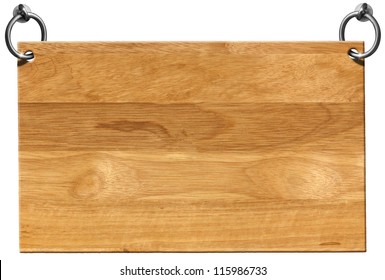 Empty Wooden Signboard with clipping path / Light Brown Wooden sign hanging on to two steel ring isolated on white