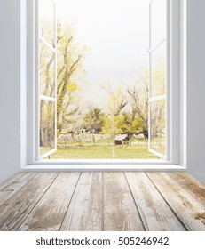 Empty Wooden Sill And Window With Summer Landscape View. 3D Rendering