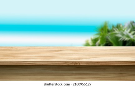 Empty Wooden Table Against The Blurred Ocean Beach Background, Product Display Stand, 3d Mockup