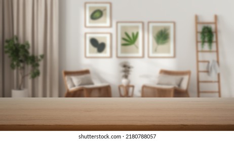 Empty Wooden Table, Desk Or Shelf With Blurred View Of Scandinavian Living Room, Rattan Armchairs, Curtains, Potted Plants And Decors, Modern Interior Design Concept, 3d Illustration