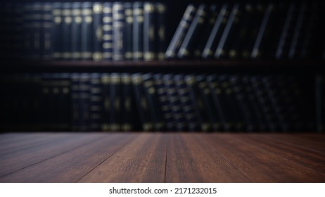 Empty Wooden Table And Modern Library Background. 3d Render Illustration.