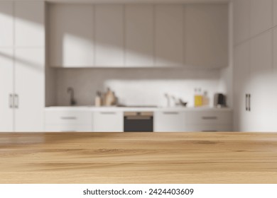 Empty wooden table on blurred background of cozy home kitchen interior, cooking space with kitchenware and sink. Mock up copy space for product display. 3D rendering - Powered by Shutterstock