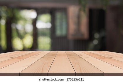 Empty wooden table top with lights bokeh on blur restaurant background, 3D Rendering - Shutterstock ID 1752256211