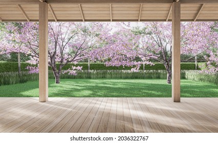 Empty wooden terrace with colorful garden backgroung 3d render overlooking the large lawn green tree and pink flower blossom.