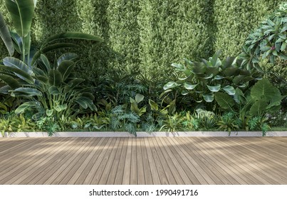 Пустая деревянная терраса с зеленой стеной 3d рендер, на дереве сияет деревянный пол с тропическим деревом, садовым фоном, солнечным светом