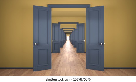 Empty yellow and blue architectural interior with infinite open doors, endless corridor of doorway, walkaway, labyrinth. Move forward, opportunities, future, concept with copy space, 3d illustration