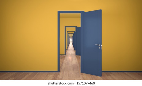 Empty yellow and blue architectural interior with infinite open doors, endless corridor of doorway, walkaway, labyrinth. Move forward, opportunities, future, concept with copy space