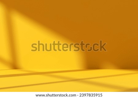 Empty yellow room interior with window shadow. Abstract studio background template for product presentation and display. 3D render.