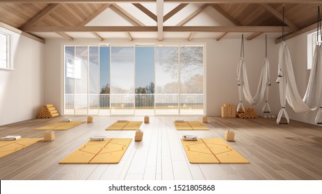 Empty yoga studio interior design, minimal open space with mats, hammocks and accessories, wooden floor and roof, ready for yoga practice, panoramic window with autumn panorama, 3d illustration