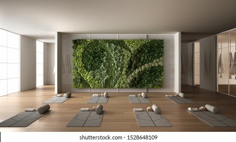 Empty yoga studio interior design, space with mats, hammocks, pillows and accessories, parquet, mirror, vertical garden and big panoramic window, ready for yoga practice, meditation, 3d illustration