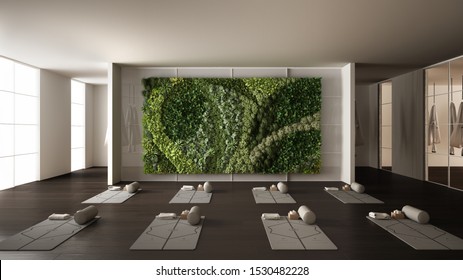 Empty yoga studio interior design, space with mats, hammocks, pillows and accessories, parquet, mirror, vertical garden and big panoramic window, ready for yoga practice, meditation, 3d illustration - Powered by Shutterstock