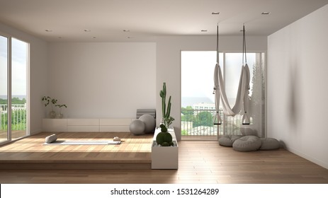 Empty yoga studio interior design, open space with mats, hammock, pillows and accessories, succulent plants, parquet, big panoramic windows, ready for yoga practice, meditation room, 3d illustration - Powered by Shutterstock