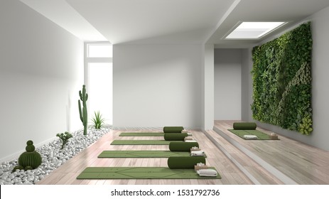 Empty yoga studio interior design, open space with mats, pillows and accessories, parquet, vertical garden and succulent plants with pebbles, ready for yoga practice, meditation room, 3d illustration