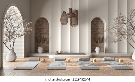 Empty yoga studio interior design in beige tones, western japanese space, parquet, potted trees, lamp, molded walls, mats, pillows and accessories. Ready for practice, meditation, 3d illustration - Powered by Shutterstock