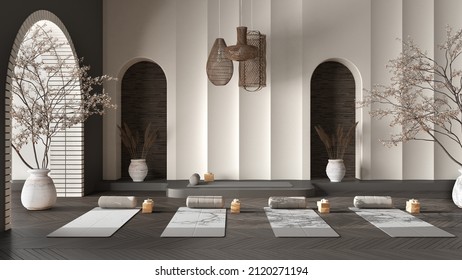 Empty yoga studio interior design in gray tones, western japanese space, parquet, potted trees, lamp, molded walls, mats, pillows and accessories. Ready for practice, meditation, 3d illustration
