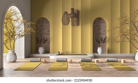 Empty yoga studio interior design in yellow tones, western japanese space, parquet, potted trees, lamp, molded walls, mats, pillows and accessories. Ready for practice, meditation, 3d illustration - Powered by Shutterstock