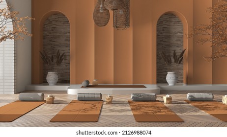 Empty yoga studio interior design in orange tones, western japanese space, parquet, potted trees, lamp, molded walls, mats, pillows and accessories. Ready for practice, meditation, 3d illustration