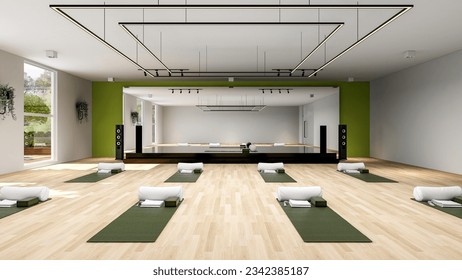 Empty Yoga studio interior design, open space with stage and large mirror, 3d rendering