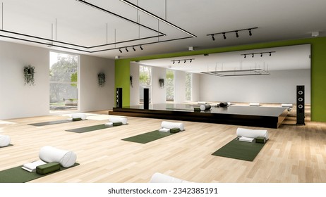 Empty Yoga studio interior design, open space with stage and large mirror, 3d rendering