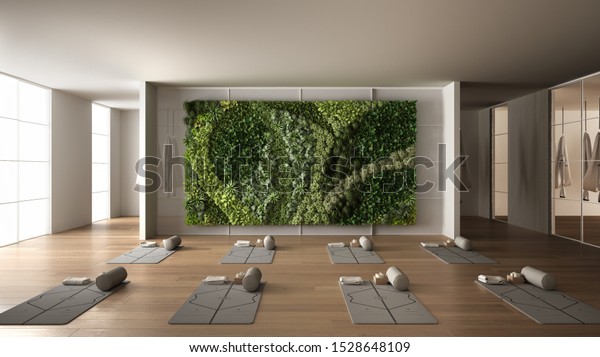 Empty yoga studio interior design, space\
with mats, hammocks, pillows and accessories, parquet, mirror,\
vertical garden and big panoramic window, ready for yoga practice,\
meditation, 3d\
illustration