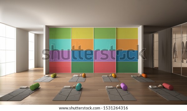 Empty yoga studio interior design, space\
with mats, hammocks, pillows and colored accessories, parquet,\
mirror, room divider and panoramic window, ready for yoga practice,\
meditation, 3d\
illustration