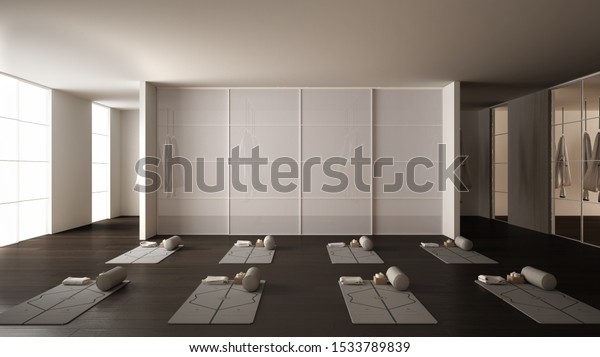 Empty yoga studio interior design, space\
with mats, hammocks, pillows and accessories, parquet, mirror, room\
divider and big panoramic window, ready for yoga practice,\
meditation, 3d\
illustration