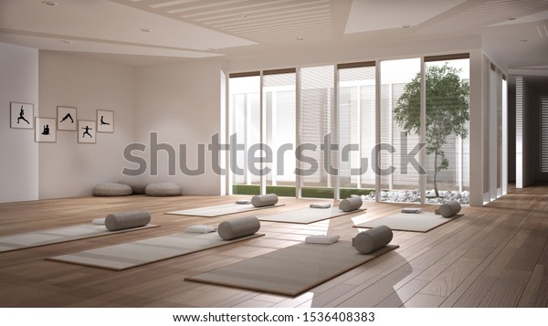 Empty yoga studio interior design, open\
space with mats, pillows and accessories, parquet, patio house,\
inner garden with tree and pebbles, ready for yoga practice,\
meditation room, 3d\
illustration
