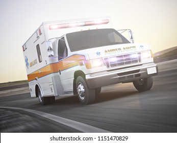 EMS Ambulance Responding To An Emergence Call Traveling At A High Rate Of Speed Down The Road With Motion Blur. 3d Rendering