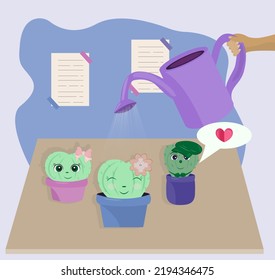 Enamored cacti in pots on the table are watered from a watering can, but they like it and they rejoice - Powered by Shutterstock