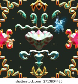 Enchanted Baroque Seamless Pattern Mystical Fairy Digital Art Luxury Holographic 3D Wallpaper, Aesthetic Dark Symmetry Design, Opulent Fantasy Magic Motif for Phone Case Home Decor