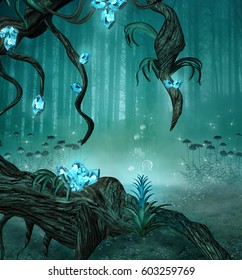 Enchanted blue tree in the mysterious forest - 3D illustration
