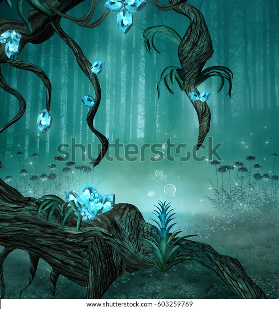 神秘的な森の中に魔法のかかった青い木 3dイラスト のイラスト素材